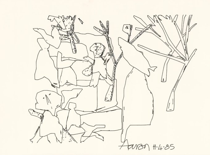 A black and white abstract line drawing or sketch depicting various organic shapes and forms, signed 'Aaron 4-4-85' in the bottom right corner.