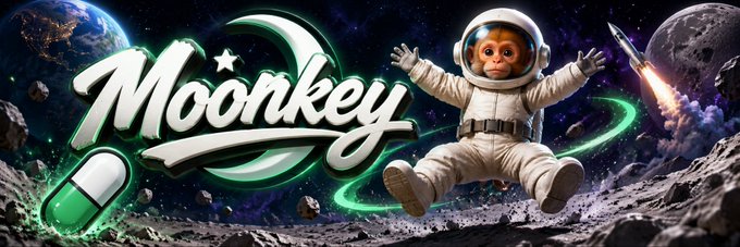 A banner for 'Moonkey' featuring a monkey in a spacesuit floating in space with Earth and the moon in the background, alongside a pill graphic.