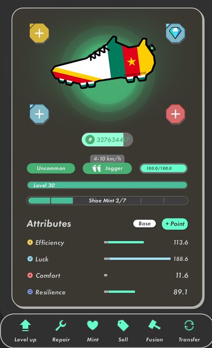 The image shows a phone screen with an app icon, which appears to be a running app or game. The app has a green background and features a soccer shoe as its main element. The app also displays various options such as "StepN", "Point", "Effort", "Performance", and "Fusion". The post suggests that the user might have an issue with the app, possibly related to the soccer shoe or the game itself.

The image is accompanied by a caption that reads "#stepn 出場国でない国スキン保有者だったから 新しい靴届きました ←カメソッドが →メキシコになりました". This caption provides a possible explanation for the app's issue, suggesting that it might be related to the user's specific soccer shoe or game settings.

The image also contains several other elements such as a clock and icons representing different actions within the app.