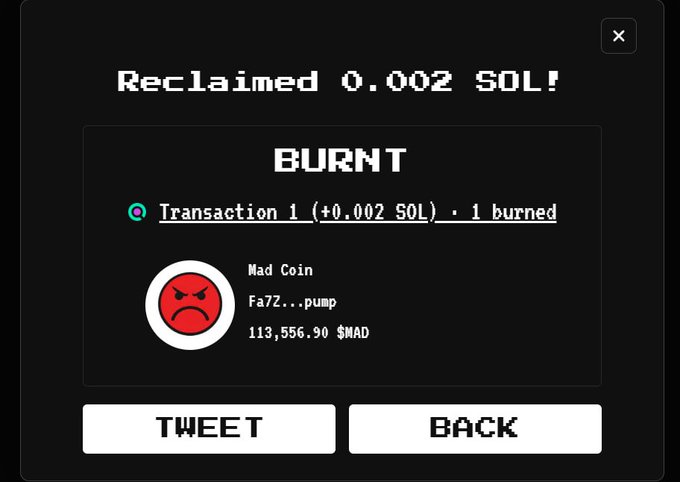 A confirmation screen shows "Reclaimed 0.002 SOL!" with a "BURNT" notification indicating Transaction 1 (+0.002 SOL) was used to burn 1 "Mad Coin" ($MAD) at address Fa7Z...pump, containing 113,556.90 $MAD. This illustrates the buyback-and-burn mechanism described in the post, where the Solana token uses creator fees to reclaim SOL and permanently remove $MAD tokens from circulation.