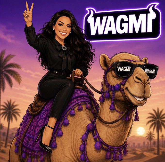The image features a woman sitting on top of a camel with sunglasses on her face. The background includes palm trees and a sunset, creating an exotic atmosphere. The caption for the image reads "Good morning WAGMI isn't just something we say... it's energy. And we're all gonna make it in our own way." This message is related to the woman riding the camel because she represents the idea of embracing adventure and exploring new experiences, which aligns with the concept of WAGMI (Wagner-Adler Motif). The image encourages viewers to believe in themselves and their ability to overcome challenges or obstacles they may face.
