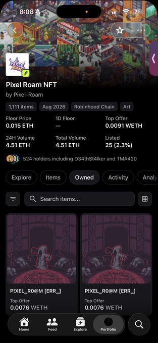 A mobile screenshot of the Pixel-Room NFT collection page on OpenSea showing 1,111 items, a 0.015 ETH floor price, and 4.51 ETH total volume, with the "Cooler" caption playing on the collection's dark, moody aesthetic featuring shadowy figures in dimly lit rooms.