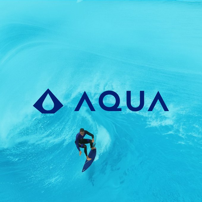 A surfer rides a vibrant blue wave beneath the text "AQUA" with a water drop logo, symbolizing the crypto's liquid momentum and the post's message to stack sats while riding the wave toward financial freedom.
