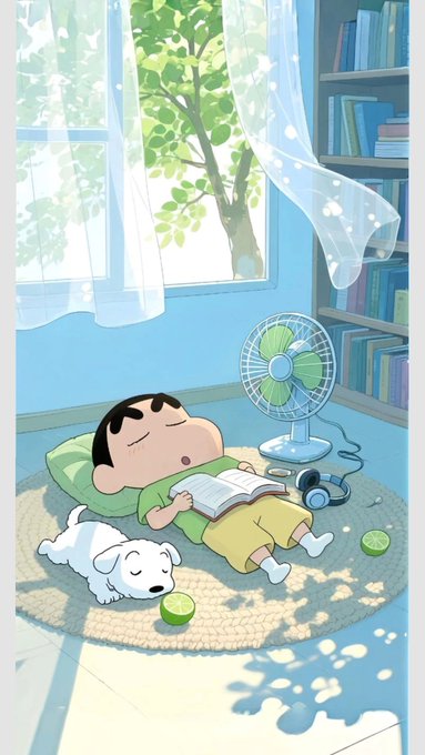 An anime-style illustration of a young boy sleeping on a round mat with a book on his chest, a small white dog beside him, near a window with flowing curtains and an electric fan.