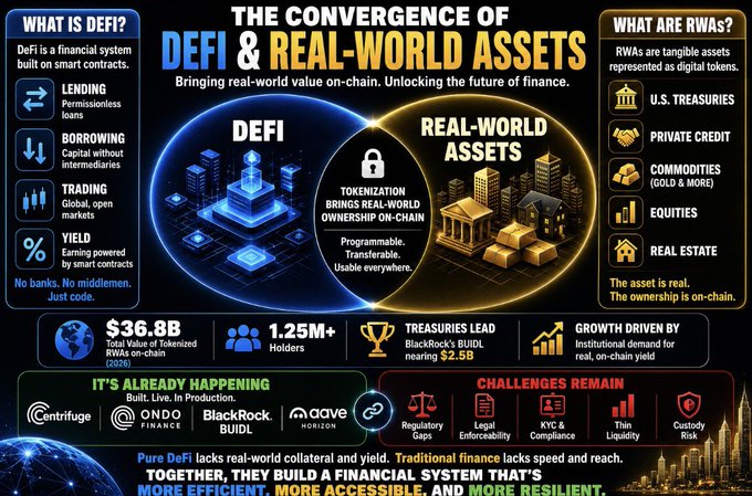An infographic titled "The Convergence of DeFi & Real-World Assets," illustrating how tokenization bridges on-chain finance with tangible assets. It highlights a $36.8B Total Value of Tokenized RWAs on-chain (2026), 1.25M+ holders, U.S. Treasuries leading growth (BlackRock's BUIDL nearing $2.5B), and lists institutional players like Centrifuge, Ondo Finance, BlackRock BUIDL, and Horizon, while noting challenges like regulatory gaps and custody risk. The image visually supports the post's message by depicting the ongoing merger of traditional finance and decentralized systems into a more efficient, accessible, and resilient financial ecosystem.