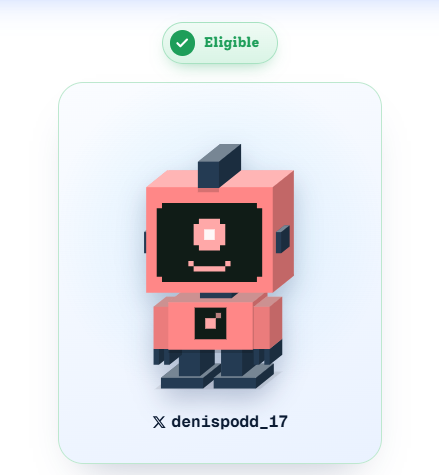 An 'Eligible' NFT profile card showing a pink pixel-art robot character with the username 'denispodd_17' on the X platform.