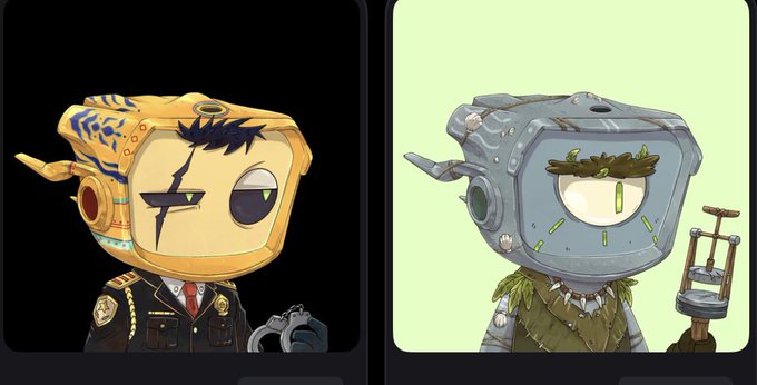 Two stylized robot characters are displayed side by side; the left one wears a police uniform with sunglasses, while the right one has a green leafy outfit and holds a bamboo device.