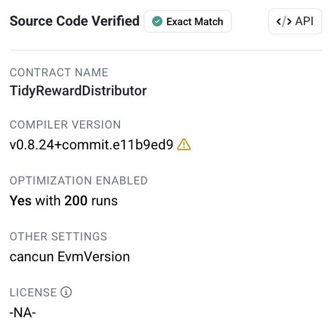 Etherscan source code verification page for the smart contract 'TidyRewardDistributor', compiled with Solidity v0.8.24+commit.e11b9ed9, optimization enabled with 200 runs, and using the Cancun EVM version.