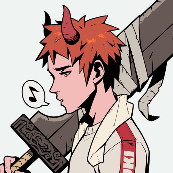 The anime-style illustration features a red-haired boy with horns carrying a large sword and a music note speech bubble, evoking the aesthetic of *Chainsaw Man*'s Denji. It accompanies a post announcing the sale of an Azuki NFT (#3454) on OpenSea for 0.95 ETH, with the artist's signature "IKZ" visible in the artwork.