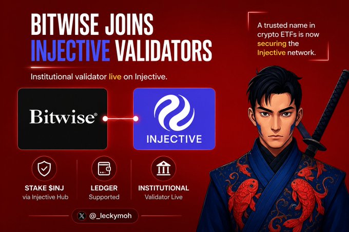 A promotional graphic announcing 'Bitwise Joins Injective Validators' as an institutional validator, featuring the Bitwise and Injective logos, key features like 'Stake $INJ' and 'Ledger Supported,' and an illustration of a swordsman in traditional red and blue robes.