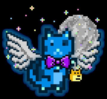 Pixel art of a blue angel cat character with white wings, a pink bow tie, a gold bell, and a white fluffy tail against a black background.