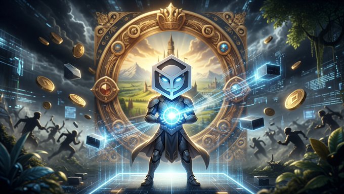 A fantasy digital artwork featuring a knight in armor holding a glowing blue orb, standing before an ornate golden portal with floating coins and a castle in the background.