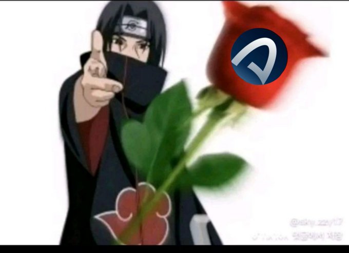An anime character, Itachi Uchiha from Naruto, points forward while holding a red rose, with a blue logo overlaid on the image.