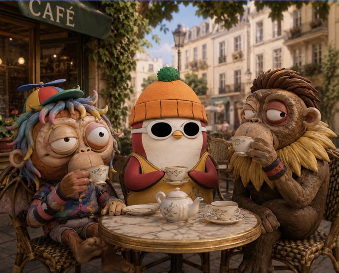 An AI-generated or 3D-rendered scene of a penguin in a yellow beanie and sunglasses, and two monkeys having tea at a Parisian-style café.