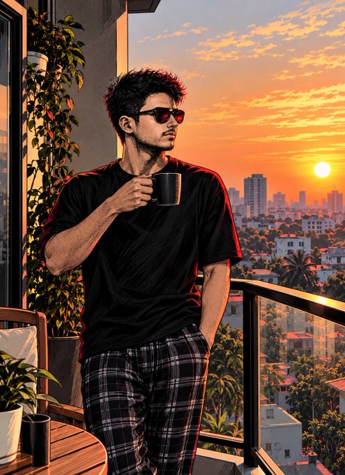 A comic-style illustration of a young man with dark hair and sunglasses holding a coffee mug on a balcony at sunset, wearing a black t-shirt and plaid pajama pants, with a cityscape in the background.
