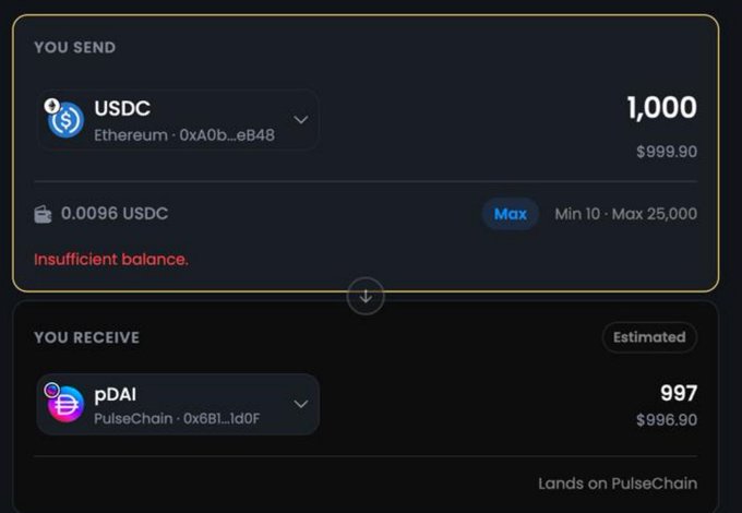 The image shows a ZKX Wallet swap interface attempting to exchange 1,000 USDC (Ethereum, valued at $999.90) for 997 pDAI on PulseChain (estimated at $996.90), but displays an "Insufficient balance" error in red. This illustrates the post's point that pDAI appears pegged at approximately $1 USD, since the swap estimates roughly 1 pDAI per 1 USDC despite the user's wallet lacking sufficient USDC to complete the transaction.