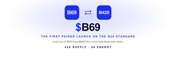 A promotional graphic for $B69, described as "THE FIRST PAIRED LAUNCH ON THE B20 STANDARD," with an exchange icon linking B69 and B420 and text noting "420 SUPPLY · 69 ENERGY".