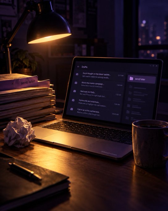 A laptop on a dimly wooden desk displays a "Drafts" folder with several unsent emails labeled "send later," accompanied by a messy stack of papers, a crumpled ball, and a warm mug of coffee—visually echoing the post's confession of a graveyard of unfinished 2 AM drafts and neglected real replies, finding ironic kinship with @RallyOnChain.