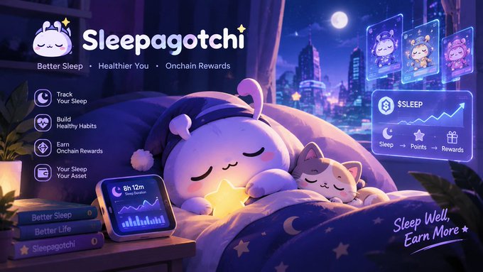 Promotional image for 'Sleepagotchi' featuring a cute character sleeping in bed with a cat, showcasing features like 'Track Your Sleep', 'Build Healthy Habits', 'Earn Onchain Rewards', and '$SLEEP' tokens with the tagline 'Better Sleep, Healthier You, Onchain Rewards' and 'Sleep Well, Earn More'.