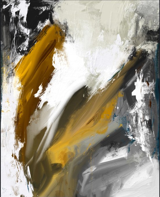 An abstract painting featuring expressive brushstrokes in shades of mustard yellow, white, gray, and black.