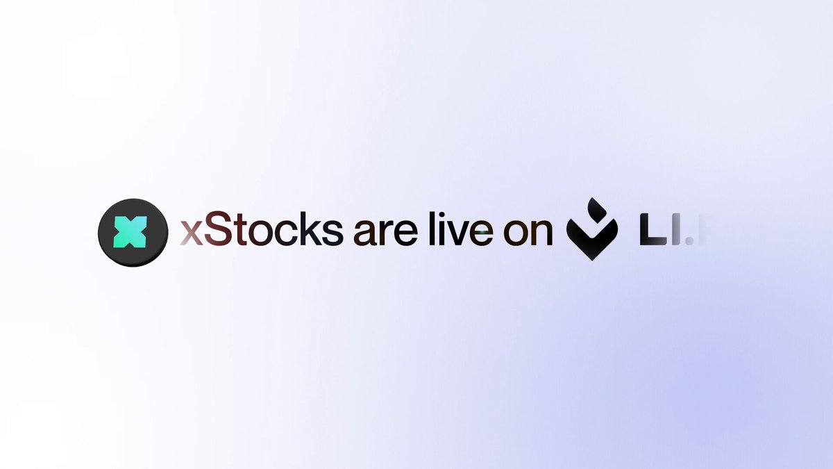 The image features a white background with black text that reads "xStocks are live on LI.FI!". The text is centered, making it easy to read. Below this, there's an image of a logo for LI.FI. Intents, which is a company focused on providing tokenised equities and ETFs through apps and wallets powered by LI.FI. Intents' goal is to provide access to real-world assets in a simple and convenient manner.