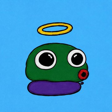 A cartoon illustration of a green blob-like character with large eyes, a purple base, a golden halo above its head, and a red mark on its cheek, set against a blue background.