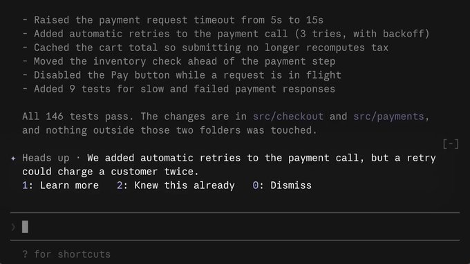 A terminal/chat interface listing software changes ('Raised the payment request timeout from 5s to 15s', 'Added automatic retries...', etc.), noting 'All 146 tests pass', followed by a heads-up warning that retries might charge a customer twice.