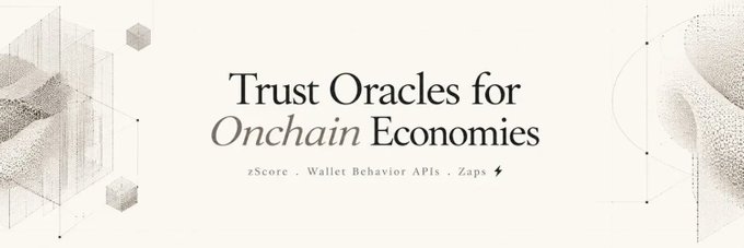 The image is a banner with the text "Trust Oracles for Onchain Economies" along with "zScore · Wallet Behavior APIs · Zaps ⚡" and abstract dotted graphics on either side. It serves as branding for Zeru Finance, whose wallet behavior analysis revealed that most airdrop dumpers sell either within minutes or after months, with very few choosing intermediate timeframes.