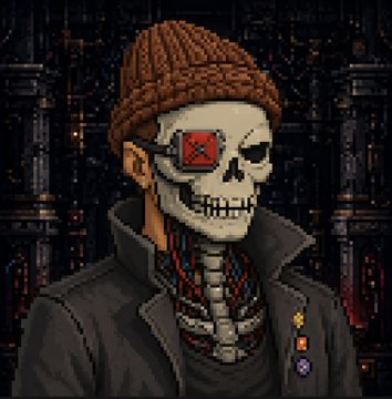 A pixel art illustration of a cyborg or skeletal figure wearing a brown knit beanie and dark jacket, featuring a metallic skull with a red glowing eye and exposed mechanical neck/wiring, set against a dark industrial background.