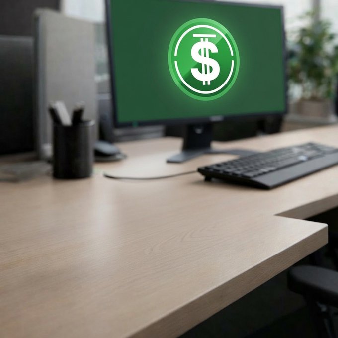 The image shows a wooden desk with various items such as a computer monitor displaying a green dollar sign, a keyboard, a mouse, and a cup. The focus of the image seems to be on the dollar sign rather than the surrounding objects or the context in which they are placed.