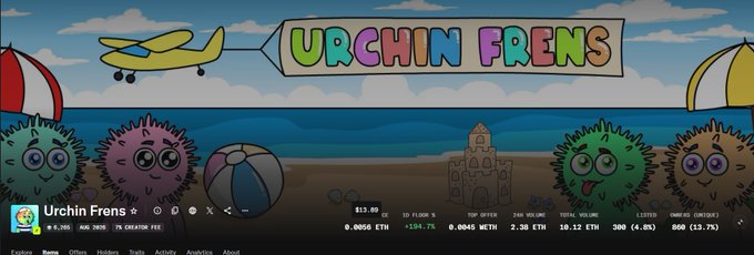 The image shows a banner for "Urchin Frens," a cryptocurrency token displayed on what appears to be a price-tracking website (likely DEXTools), with the ticker labeled "Urchin Frens" and showing metrics like a current price of $12.80, 24-hour change of +194.7%, and 10.12 ETH total volume. The whimsical banner features cartoon sea urchin characters at a beach scene with a plane pulling the colorful logo, visually celebrating the token's significant price surge as referenced in the post about reaching a new all-time high from $0.88 to $14.