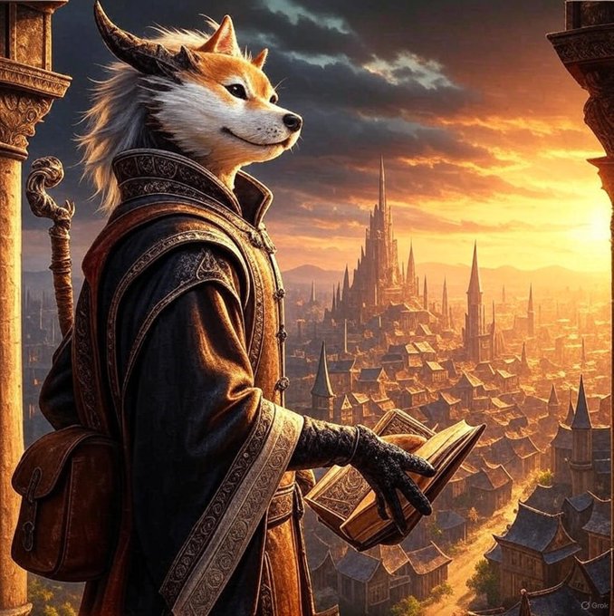 A digital illustration depicts an anthropomorphic fox in ornate dark robes reading a book, overlooking a fantasy city at sunset, with a 'Grok' watermark in the corner.