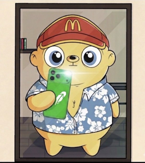 An illustrated cartoon character resembling a yellow round figure wearing a red McDonald's visor and a blue floral shirt takes a selfie with a green smartphone.