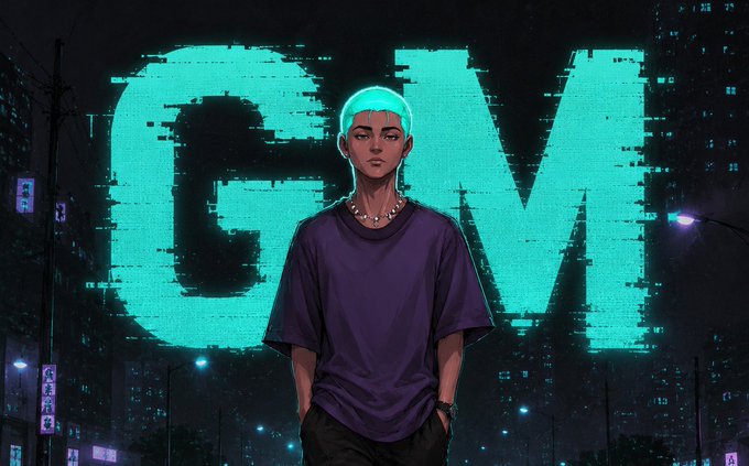 Digital artwork of a young man with teal hair and a purple shirt standing confidently in front of a large glitch-effect 'GM' sign in a cyberpunk cityscape.