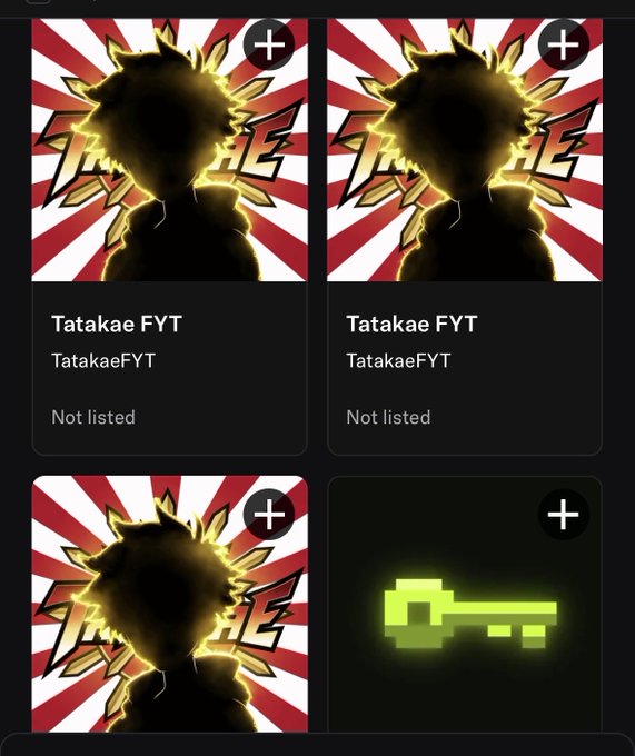 A screenshot showing four profile cards labeled 'Tatakag FYT' with usernames 'TatakaeFYT', 'Not listed', featuring anime-style avatar silhouettes against red sunburst backgrounds, and a pixelated green key icon in the bottom right.