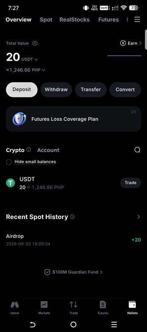 A cryptocurrency app screen showing an Overview page with a Total Value of 20 USDT (≈1,246.66 PHP), an Airdrop of +20 USDT, and tabs for Spot, RealStocks, and Futures.