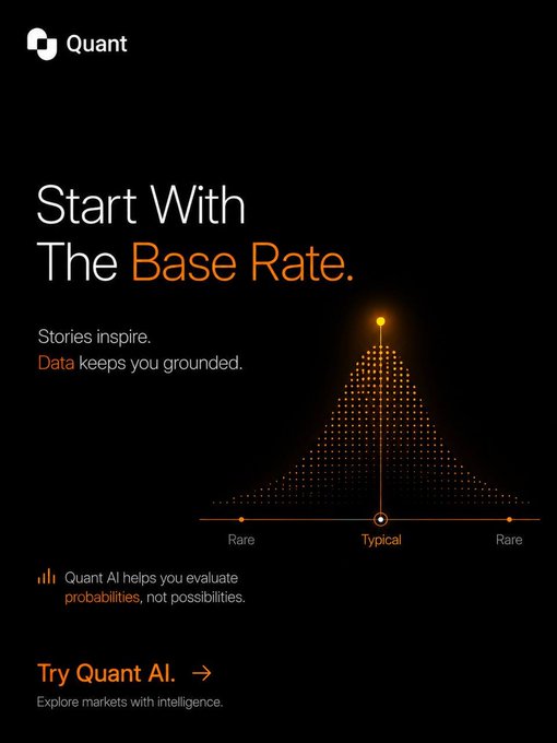 A dark promotional graphic for Quant AI featuring the tagline 'Start With The Base Rate' with a normal distribution curve showing 'Rare' and 'Typical' markers, emphasizing that stories inspire but data keeps you grounded.