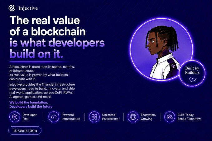 Injective promotional graphic with the headline 'The real value of a blockchain is what developers build on it,' featuring an illustration of a developer and icons highlighting developer-first infrastructure, tokenization, and an ecosystem built for DeFi, RWAs, AI agents, and games.