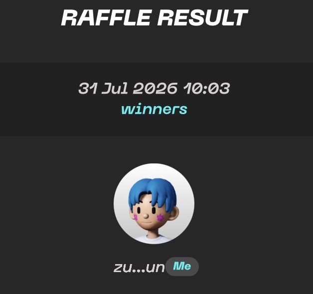 A 'RAFFLE RESULT' screen dated 31 Jul 2026 10:03 shows a winner avatar of a blue-haired cartoon character labeled 'zu...un' with a 'Me' tag.