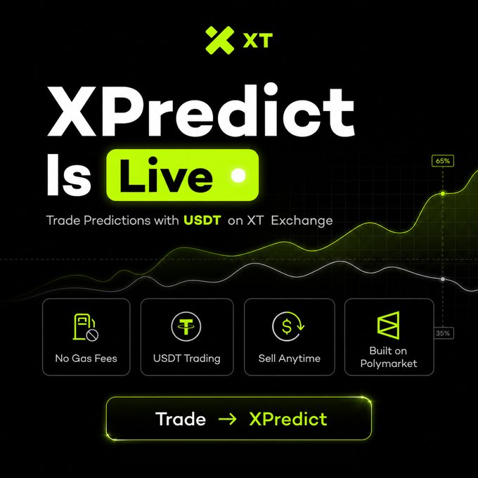 XT Exchange Trading platform advertisement showcasing a graph of a rising line indicating a positive trend for cryptocurrency trading, which is now live on the XTP Exchange. The ad highlights the ease of use with no wallet setup, low fees, and seamless integration with existing accounts. XPredict claims to make money by predicting real-world outcomes in currency markets and using USDT token exchange.