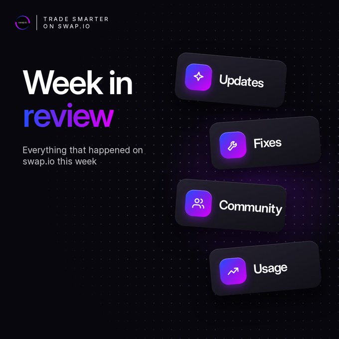 A graphic titled 'Week in review' with the tagline 'TRADE SMARTER ON SWAP.IO' displays four category buttons: 'Updates' (with a sparkle icon), 'Fixes' (with a wrench icon), 'Community' (with a people icon), and 'Usage' (with a trending arrow icon), accompanied by text 'Everything that happened on swap.io this week'.