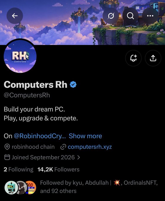 A screenshot of a Twitter/X profile for 'Computers Rh' (@ComputersRh), which has 14.2K followers and the tagline 'Build your dream PC. Play, upgrade & compete.'