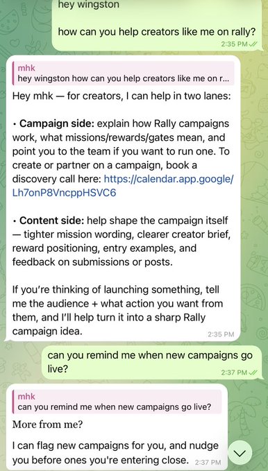 A screenshot of a Telegram chat with "mhk" (Wingston) showing how the bot helps creators with Rally campaigns by explaining mission wording and creator briefs, plus offering to flag new campaigns. The accompanying post promotes Wingston as an easy Telegram-based way to track new Rally campaigns.
