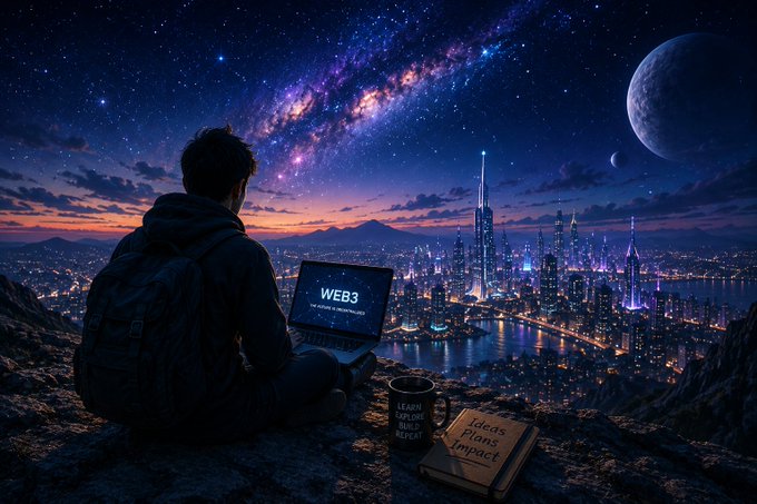 A digital artwork showing a person sitting on a cliff with a laptop displaying 'WEB3', overlooking a futuristic skyline with glowing skyscrapers under a starry sky featuring the Milky Way and planets, with a book nearby labeled 'Ideas plans impact'.