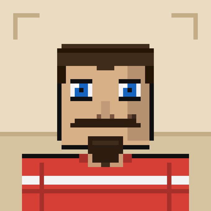 Pixel art illustration of a character with blue eyes, brown hair and mustache, wearing a red and white striped shirt, framed by corner brackets.