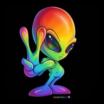 A colorful, psychedelic alien character making a peace sign, labeled 'Serial Aliens' at the bottom.