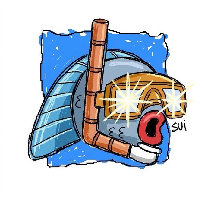 A cartoon fish wearing snorkel goggles and a snorkel exclaims "SUI!" with a surprised expression against a blue background. The image relates to the "Gm Web3" post by playfully illustrating a diving/snorkeling theme that matches the message about deeper exploration in the Web3 space, with "SUI" likely referring to the Sui blockchain network.