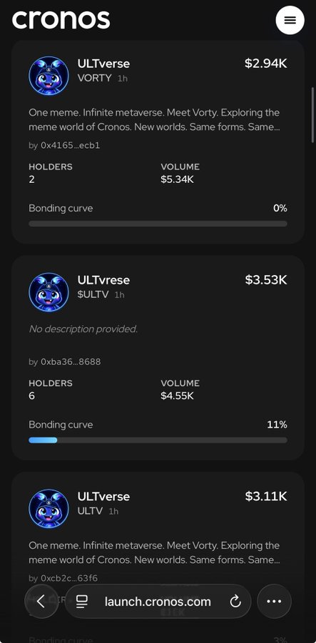 A mobile view of launch.cronos.com showing several "ULTverse" token listings with different prices, holders, and bonding curve progress.