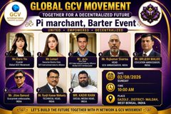 A promotional flyer for the 'Global GCV Movement' Pi Merchant & Barter Event, listing speakers and details like the date (25TH FEB 2026) and location (Double Tree by Hilton, M Square, Kuala Lumpur, Malaysia).