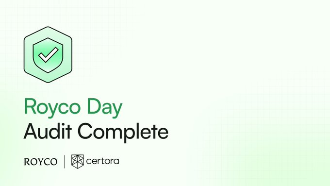 A graphic announcing 'Royco Day Audit Complete' with the Royco and Certora logos alongside a green shield icon with a checkmark.